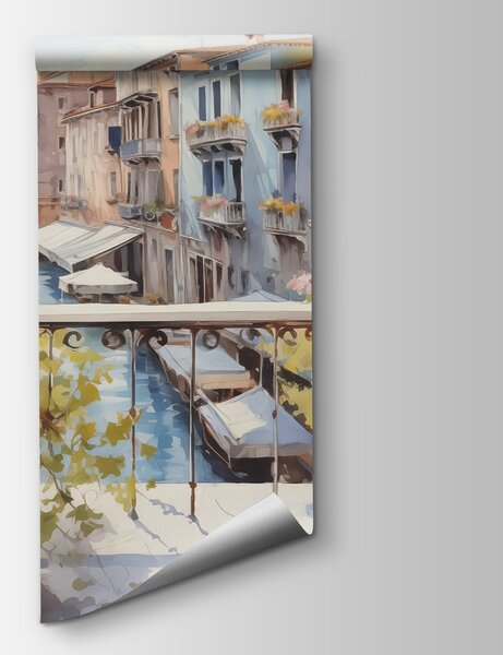 Fototapeta Akvarelová malba řeky s řadou budov a květin na balkoně, Akvarelové fototapety, Populární fototapety, w01052 - Tapeko.co.cz