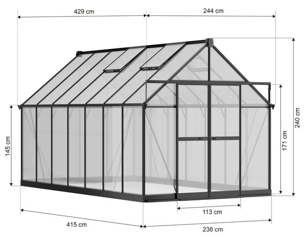 Skleník 240 x 244 x 429 cm, zesílená konstrukce, polykarbonát 6 mm