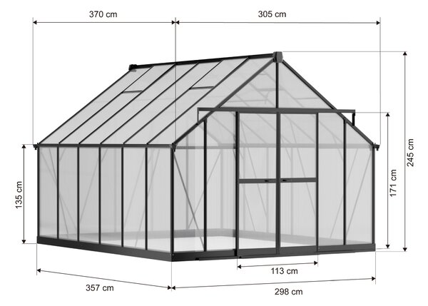 Skleník 245 x 305 x 370 cm, zesílená konstrukce, polykarbonát 6 mm