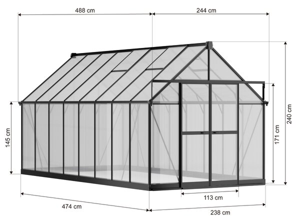 Skleník 240 x 244 x 488 cm, zesílená konstrukce, polykarbonát 6 mm