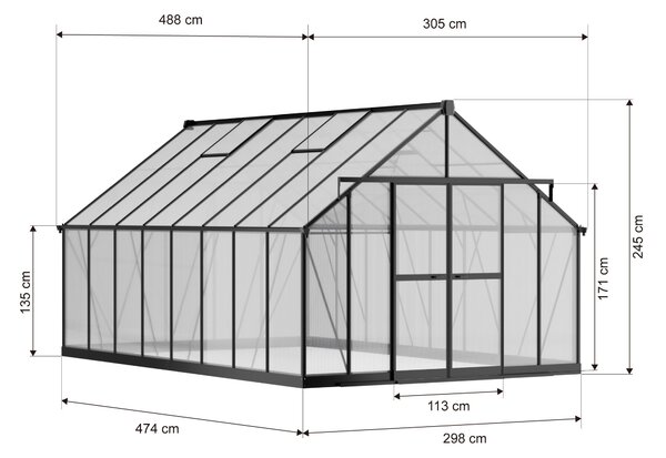 Skleník 245 x 305 x 488 cm, zesílená konstrukce, polykarbonát 6 mm