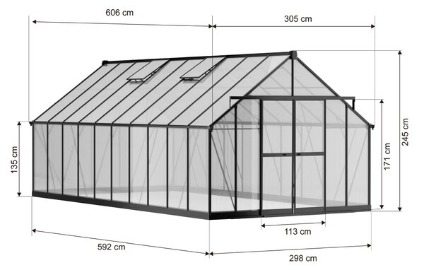 Skleník 245 x 305 x 606 cm, zesílená konstrukce, polykarbonát 6 mm