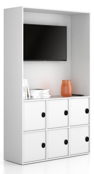 Kancelářská skříň FRAME, 6x dveře, prostor pro TV, 1299 x 450 x 2162 mm, kódový zámek, bílá