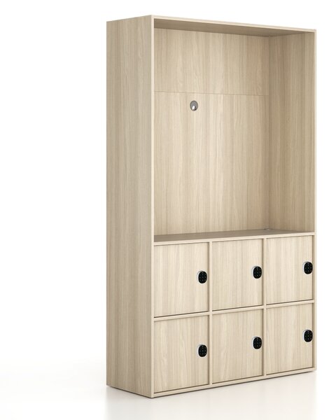 Kancelářská skříň FRAME, 6x dveře, prostor pro TV, 1299 x 450 x 2162 mm, kódový zámek, dub přírodní