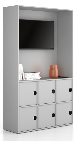 Kancelářská skříň FRAME, 6x dveře, prostor pro TV, 1299 x 450 x 2162 mm, kódový zámek, šedá