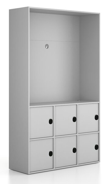 Kancelářská skříň FRAME, 6x dveře, prostor pro TV, 1299 x 450 x 2162 mm, kódový zámek, šedá