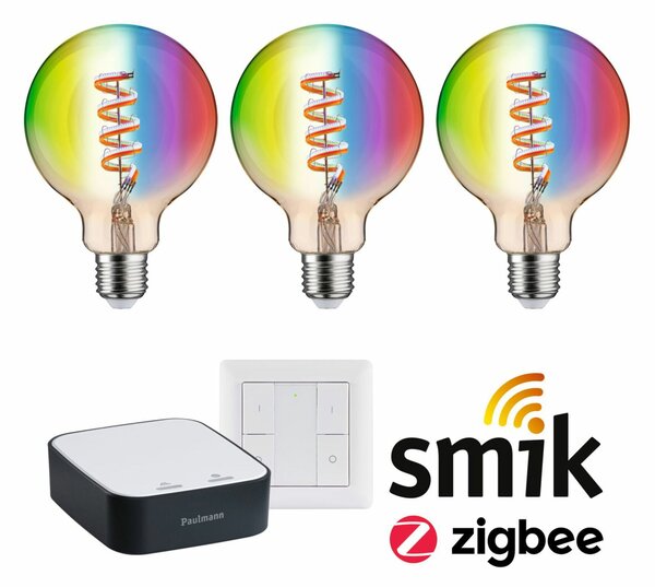 PAULMANN Startovací sada Smart Home Zigbee 3.0 LED žárovka Filament G95 RGBW + Gateway + vypínač