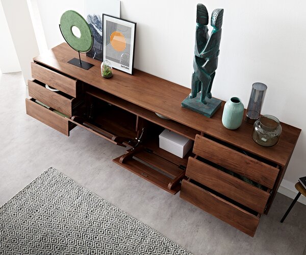 DELIFE Komoda Eloi 240x40 cm akácie hnědá 2 dvířka 6 zásuvek podnož ve tvaru V černá