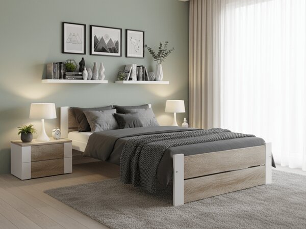 Postel IKAROS DOUBLE 90 x 200 cm, bílá/dub sonoma s lamelovým roštem