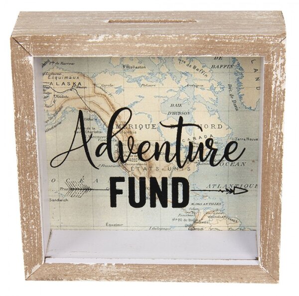 Dřevěná pokladnička s mapou Adventure – 15x5x15 cm
