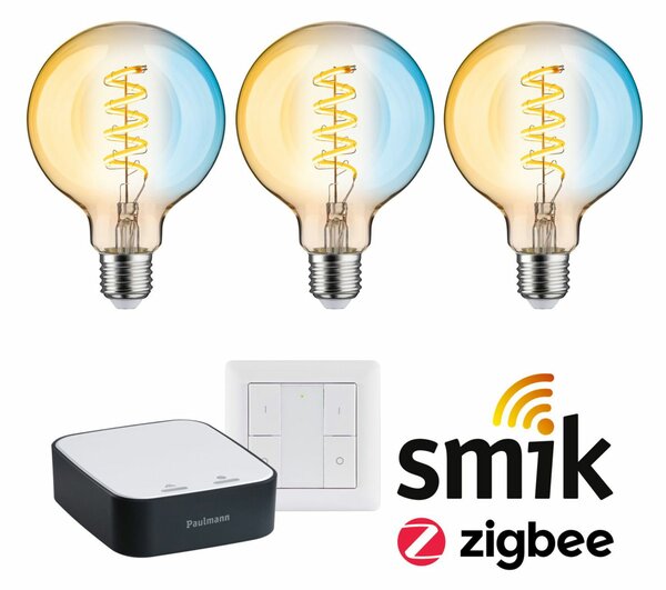 PAULMANN Startovací sada Zigbee 3.0 Smart Home smik Gateway + LED žárovka Filament G95 měnitelná bílá + vypínač