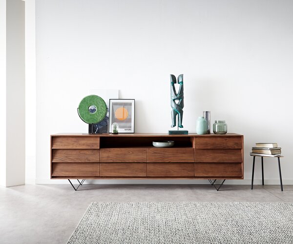 DELIFE Komoda Eloi 240x40 cm akácie hnědá 2 dvířka 6 zásuvek podnož ve tvaru V černá