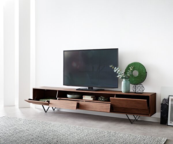 DELIFE TV stolek Eloi 240x35 cm akácie hnědá 2 dvířka 2 zásuvky podnož ve tvaru V černá