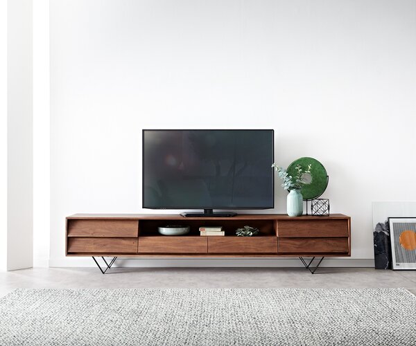 DELIFE TV stolek Eloi 240x35 cm akácie hnědá 2 dvířka 2 zásuvky podnož ve tvaru V černá