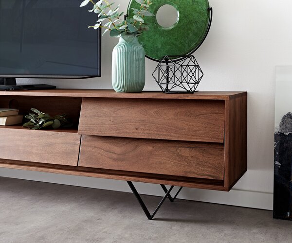 DELIFE TV stolek Eloi 240x35 cm akácie hnědá 2 dvířka 2 zásuvky podnož ve tvaru V černá