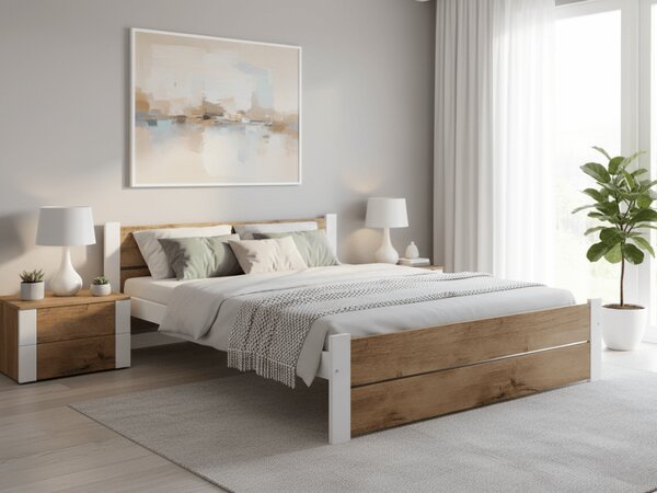 Postel IKAROS DOUBLE 120 x 200 cm, dub artisan/bílá s laťkovým roštem a matrací Deluxe 10 cm