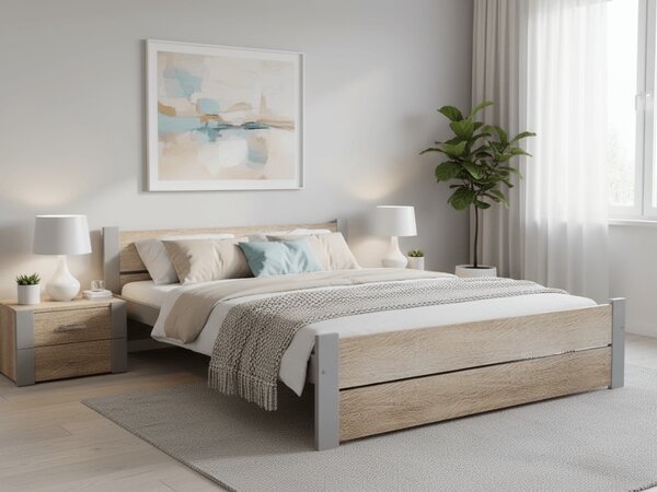 Postel IKAROS DOUBLE 160 x 200 cm, dub sonoma/šedá s laťkovým roštem