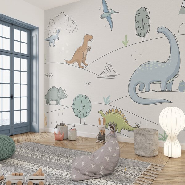 Fototapety Barevní dinosauři na kopcích, Fototapety dětské, Fototapety dinosauři, w00637 : uwalls.cz