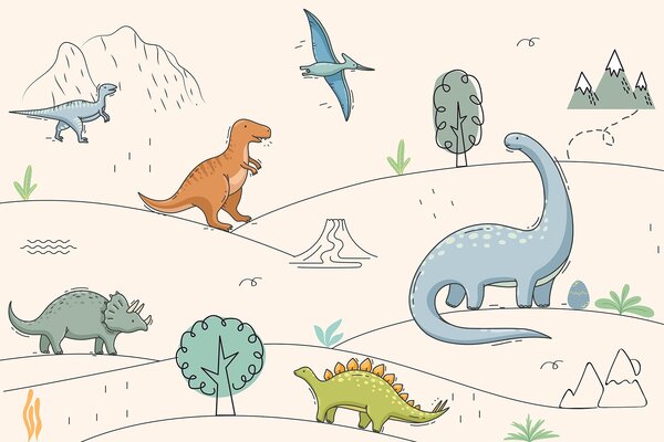Fototapety Barevní dinosauři na kopcích, Fototapety dětské, Fototapety dinosauři, w00637 : uwalls.cz