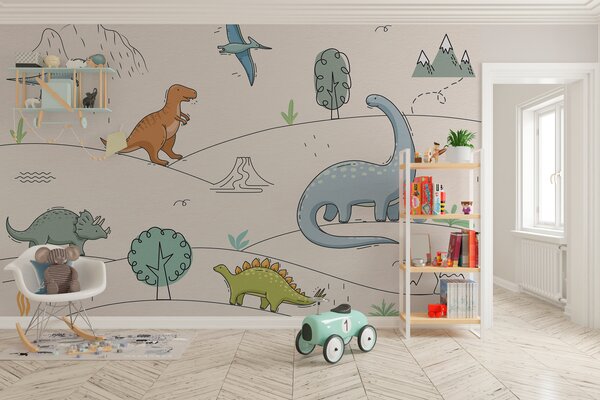 Fototapety Barevní dinosauři na kopcích, Fototapety dětské, Fototapety dinosauři, w00637 : uwalls.cz