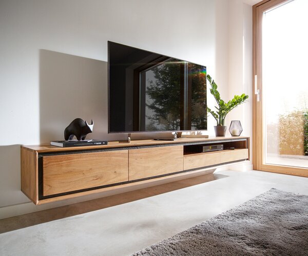 DELIFE TV stolek Stonegrace 240 cm akácie přírodní kamenná dýha 2 dvířka 1 přihrádka 2 zásuvky závěsný