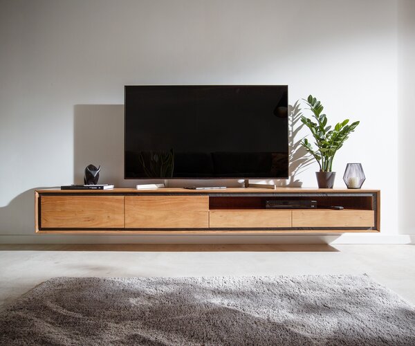 DELIFE TV stolek Stonegrace 240 cm akácie přírodní kamenná dýha 2 dvířka 1 přihrádka 2 zásuvky závěsný