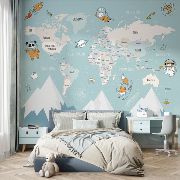 Fototapety Mapa zemí světa se zvířecími astronauty, Fototapety dětské, w00066d1 : uwalls.cz