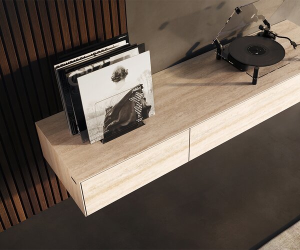 DELIFE TV stolek Cuor 150 cm keramika Laminam® Travertino Bianco krémově bílá 1 výklopná dvířka 1 zásuvka závěsný