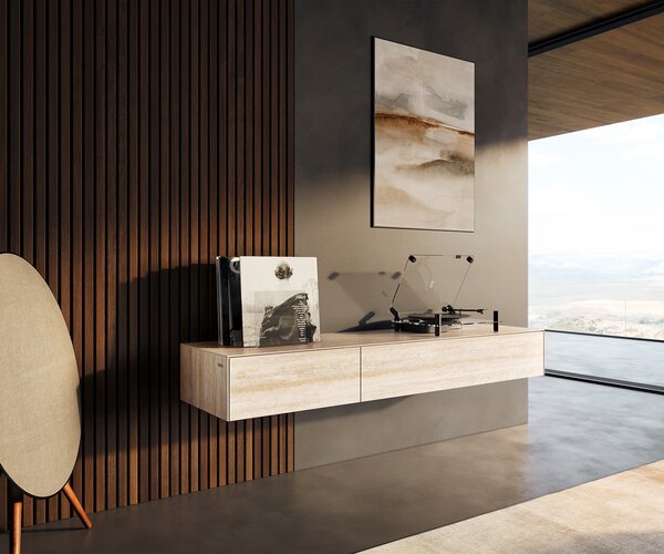 DELIFE TV stolek Cuor 150 cm keramika Laminam® Travertino Bianco krémově bílá 1 výklopná dvířka 1 zásuvka závěsný