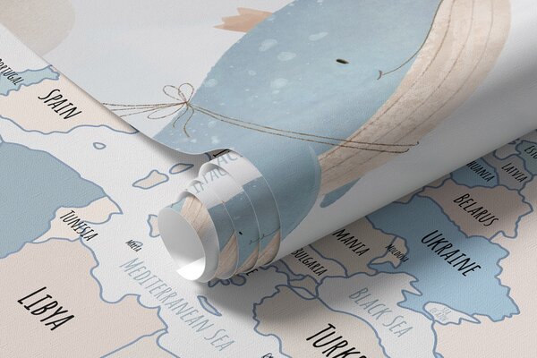 Fototapety Mapa světa s velrybami a balónky v modrých a růžových pastelových barvách, Fototapety mapy světa, w00680v2 : uwalls.cz