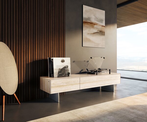 DELIFE TV stolek Cuor 150 cm keramika Laminam® Travertino Bianco krémově bílá 1 výklopná dvířka 1 zásuvka podnož závěsná nerezová ocel