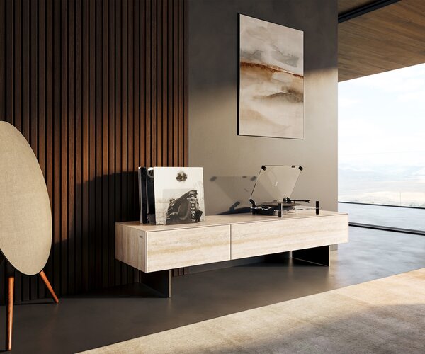 DELIFE TV stolek Cuor 150 cm keramika Laminam® Travertino Bianco krémově bílá 1 výklopná dvířka 1 zásuvka podnož závěsná kov černá