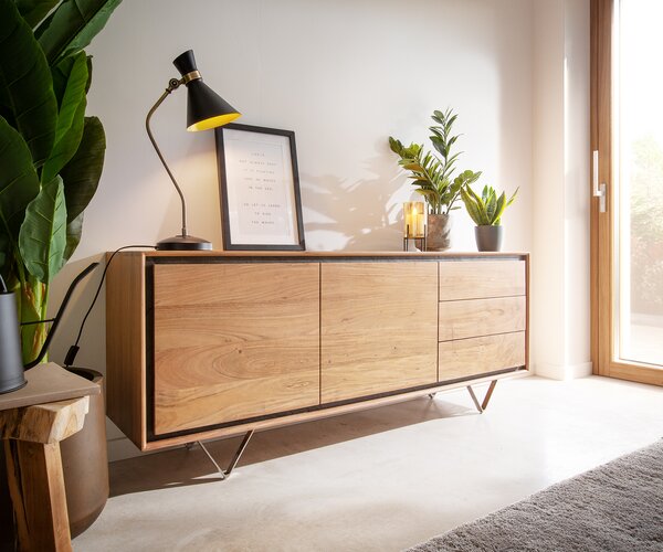 DELIFE Komoda Stonegrace 175 cm akácie přírodní 2 dvířka 3 zásuvky kamenná dýha podnož ve tvaru V