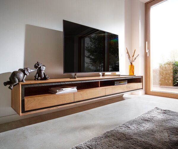 DELIFE TV stolek Stonegrace 240 cm akácie přírodní 2 přihrádky 4 zásuvky kamenná dýha závěsný