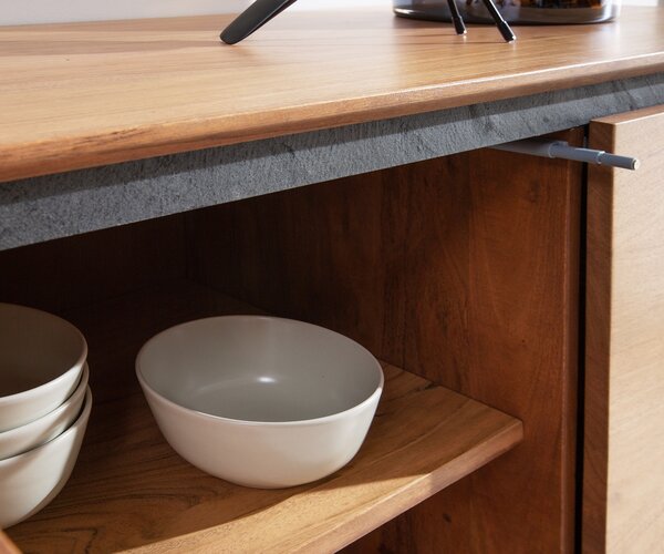 DELIFE Komoda Stonegrace 145 cm akácie přírodní 3 dvířka kamenná dýha podnož ve tvaru V