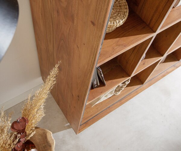 DELIFE Skříň Stonegrace 115x150 akácie přírodní 12 přihrádek kamenná dýha podnož ve tvaru V