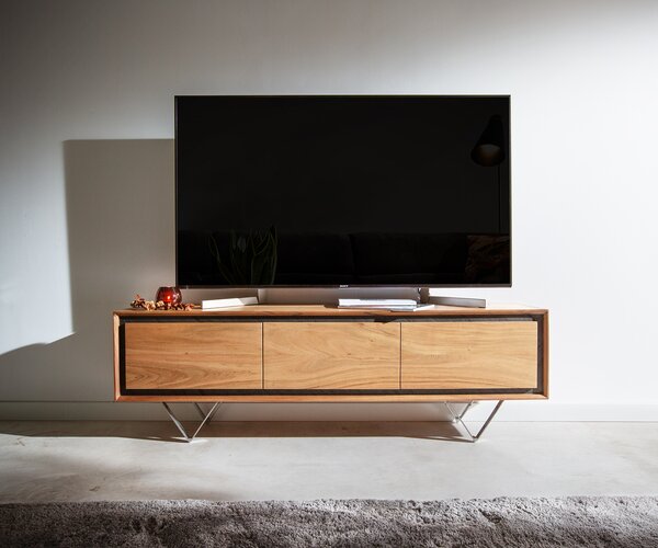 DELIFE TV stolek Stonegrace 145 cm akácie přírodní 3 dvířka kamenná dýha podnož ve tvaru V