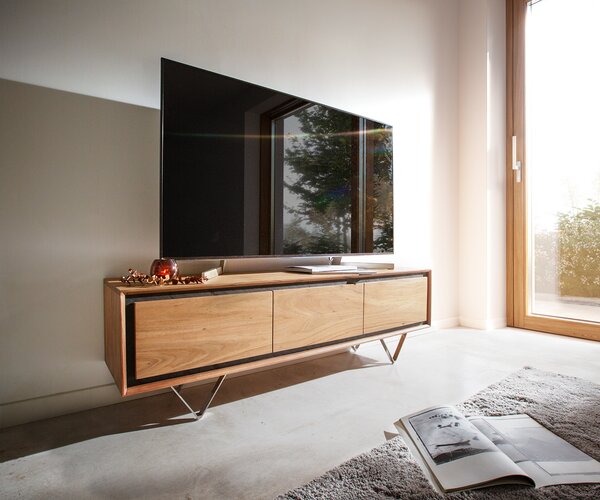 DELIFE TV stolek Stonegrace 145 cm akácie přírodní 3 dvířka kamenná dýha podnož ve tvaru V