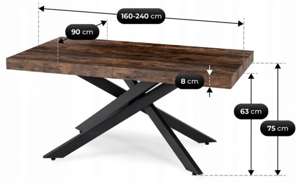 JAKS Rozkládací stůl Hampton černý 160 - 240 cm rustikální dub