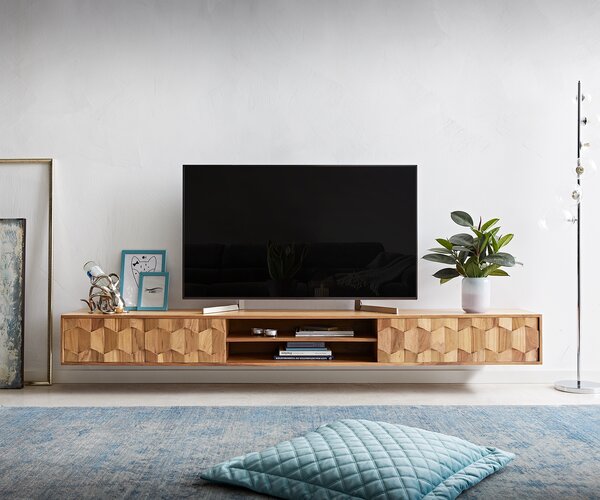DELIFE TV stolek Fevo 240 cm akácie přírodní 4 dvířka závěsný
