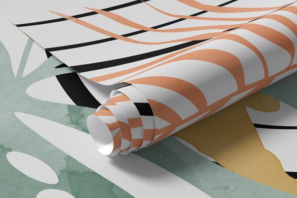Fototapety Boho abstrakce, monstera a palmový list, zakřivené linie, skvrna, geometrická, topografická,, Fototapety moderní, w01256 : uwalls.cz