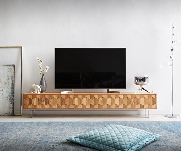 DELIFE TV stolek Fevo 220 cm akácie přírodní 4 dvířka L-podnož