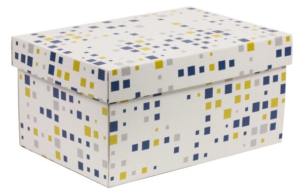 Úložná/dárková krabice s víkem 300x200x150/40 mm, VZOR - KOSTKY modrá/žlutá