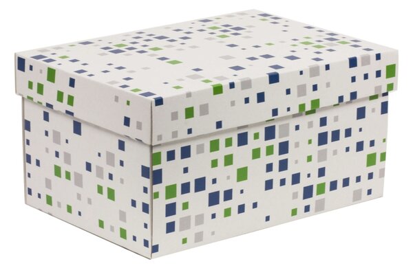 Úložná/dárková krabice s víkem 300x200x150/40 mm, VZOR - KOSTKY zelená/modrá
