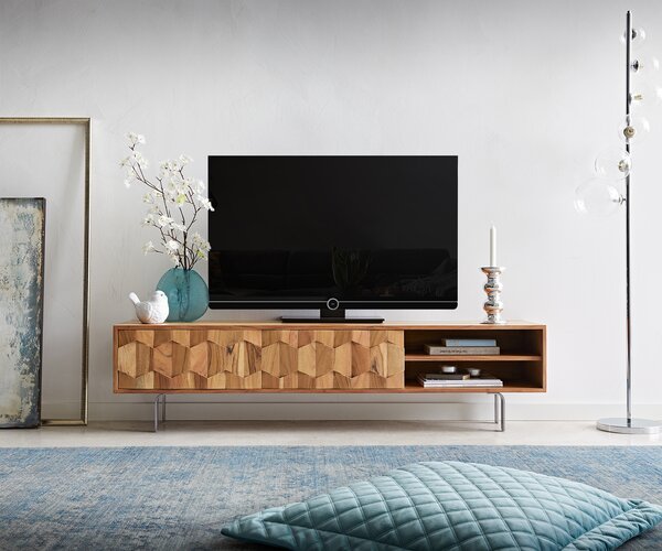 DELIFE TV stolek Fevo 160 cm akácie přírodní 2 dvířka L-podnož