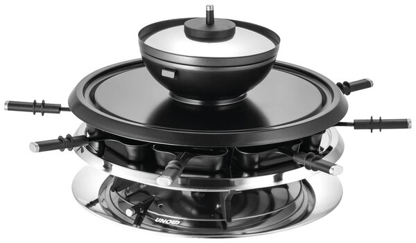 Unold UNOLD RACLETTE 48726 Multi 4 in 1 - Raclette/Fondue/Grill/Heißer Stein raclette gril 8 napichovátek na fondue, 8 pánví, nepřilnavý povlak, plynu