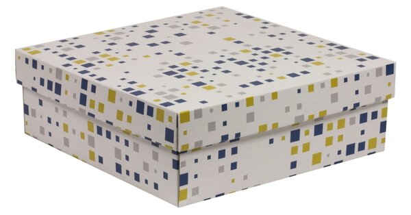 Úložná/dárková krabice s víkem 300x300x100/40 mm, VZOR - KOSTKY modrá/žlutá