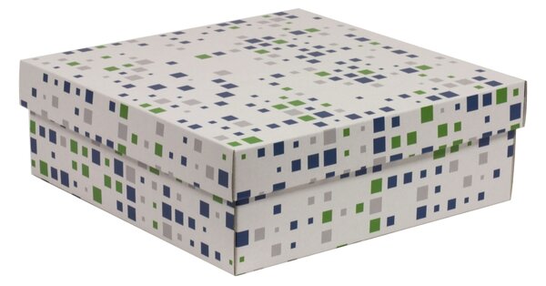 Úložná/dárková krabice s víkem 300x300x100/40 mm, VZOR - KOSTKY zelená/modrá