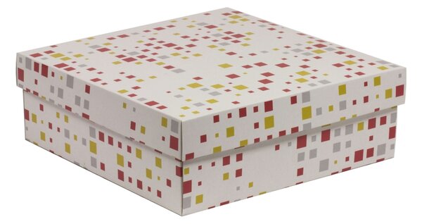 Úložná/dárková krabice s víkem 300x300x100/40 mm, VZOR - KOSTKY korálová/žlutá