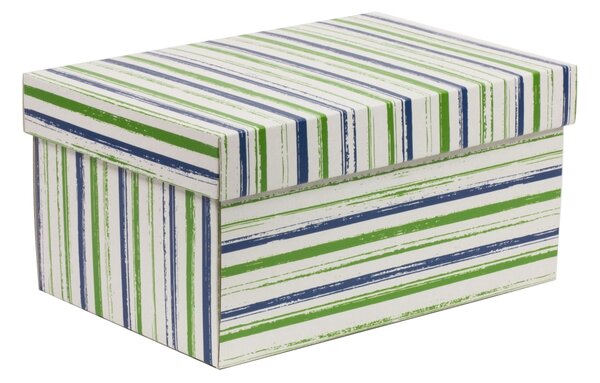 Úložná/dárková krabice s víkem 300x200x150/40 mm, VZOR - PRUHY zelená/modrá